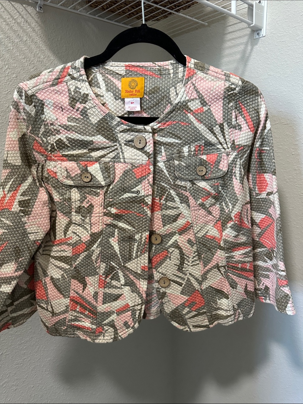 Ruby Rd. Abstract Textured Cropped Jacket (pink, peach, olive and cream)